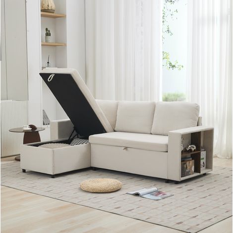 Sofá esquinero 202x136x85 cm de chenilla beige con almacenamiento y chaise longue reversible (1/5)
