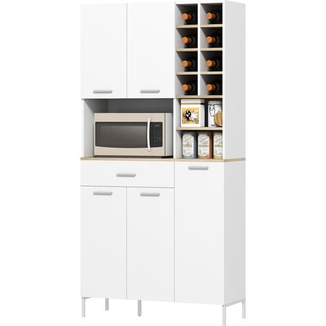Meuble de cuisine avec étagères ouvertes, compartiments, casier à vin, armoire garde-manger à 5 portes, MDF, blanc