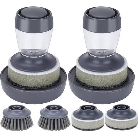 Brosse à vaisselle 2 pièces avec distributeur de détergent à vaisselle intégré - contient 4 têtes de brosse de remplacement - brosse de nettoyage à pression (1/5)