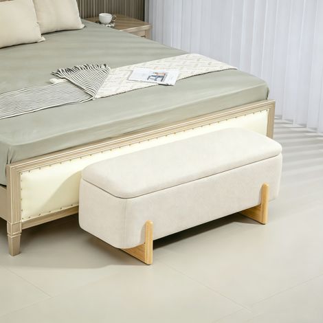 Banc de Rangement, Bout de Lit Rembourré, Charnières de Sécurité, Pieds Forme U en Bois d'Hévéa Stable, Crème (1/5)