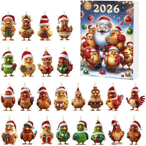 Acryl-Anhänger mit einem Cartoon-Weihnachtshuhn, Überraschungs-Adventskalender in einer Schachtel, Weihnachtsbaumschmuck mit 24-tägigem Countdown, Stil E (1/2)