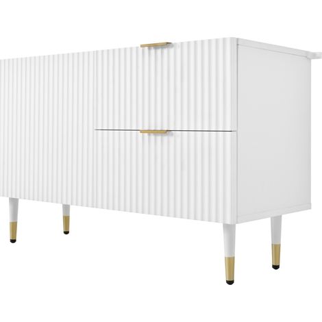 Mobile TV bianco con 3 ante, cassetti, maniglie e piedini dorati, 170 x 35,5 x 55 cm (1/5)