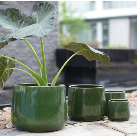 4-teiliges Keramik-Pflanztopf-Set Ø 33/26/20/15 cm dunkelgrün glänzend OKWISH (1/5)