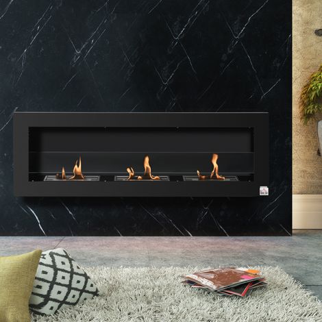 Caminetto a bioetanolo da incasso a parete con 3 bruciatori, capacità totale 3 litri, autonomia di circa 3 ore, dimensioni 120L x 15W x 40H cm, acciaio inox nero.