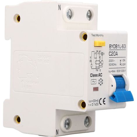 Disjoncteur différentiel 20A 1P+N 230V pour maison, boîtier en PA66 ignifuge, protection contre les fuites de courant (1/5)
