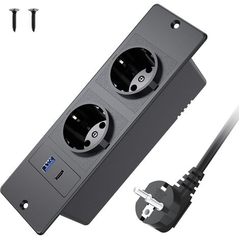 Multiprise de bureau avec charge rapide USB-C PD 20W, multiprise intégrée avec deux prises et un port USB-A, convient aux bureaux, meubles ou plans de travail, câble de 2 mètres, 250W/16A, noir. (1/5)