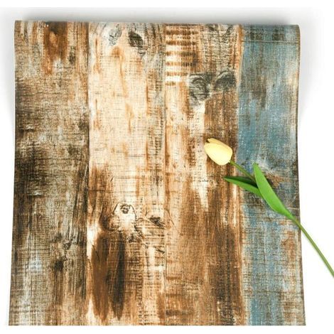 Papier Peint en Bois Auto-Adhésif Brun Papier Peint à Rayures Fond D'écran Peel and Stick Papier de Contact de Grain, Amovible Rustique Pour Cuisine Porte Cabinet 45x600cm (1/5)