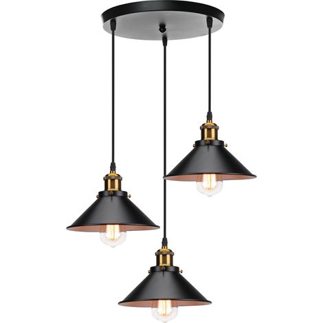 3 Lights Pendant Light, Industrial Metal Hanging Ceiling Lamp, Vintage Retro Chandelier with Lampshade for Kitchen Island (Black & White)