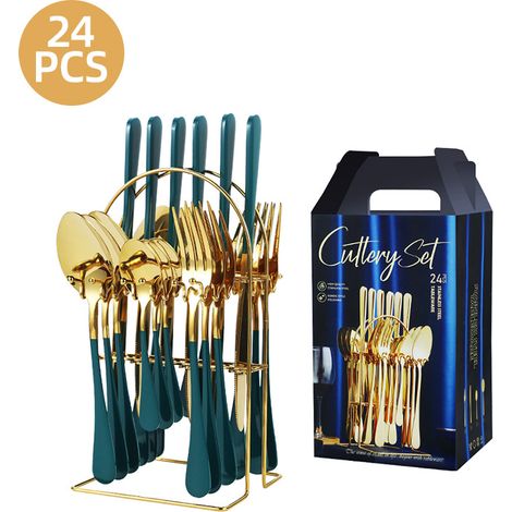 Ménagère 24 pièces - Acier inoxydable - Avec support - Finition miroir - Service de table 6 personnes - Compatible lave-vaisselle - Vert/Or (1/4)