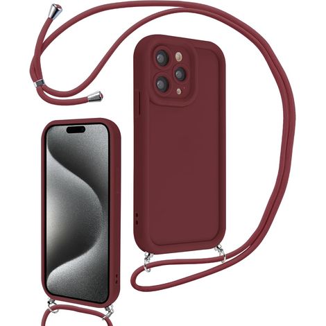 Coque pour iPhone 15 Pro 6,1" avec Cordon de Collier Réglable, Etui Protection de la Caméra Silicone Souple TPU Antichoc Housse avec Corde Lanyard Cover pour Femmes Filles, Rouge (1/5)