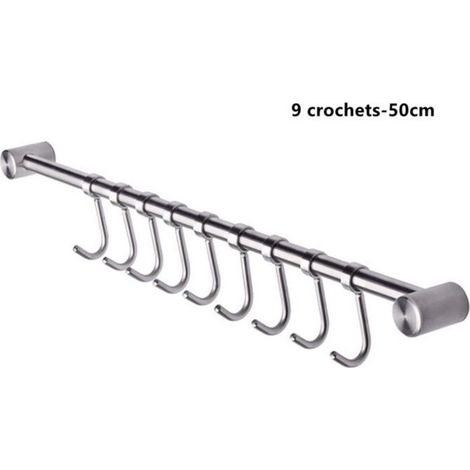 Crochet Barre de Cuisine - Acier Inox - 50cm - 9 Crochets Amovibles - Pratique - Facile à Installer