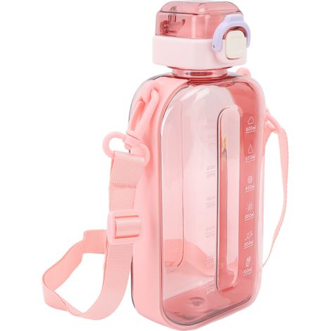 750-ml-Trinkflasche aus transparentem Polycarbonat, auslaufsicher, tragbar, schlank, Sportflasche mit Skala und Tragegurt für Reisen, Fitnessstudio, Camping, Pink (1/5)