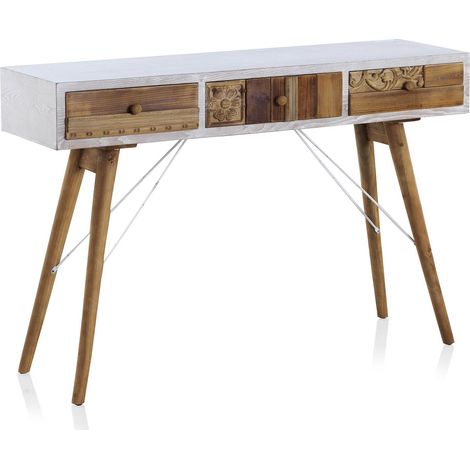 console blanche bois naturel vieilli et tiroirs sculptés - blanc et bois naturel vieilli (1/4)