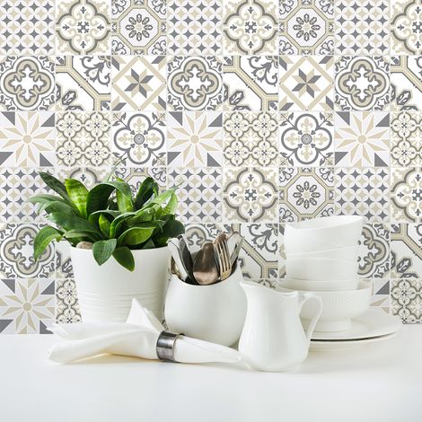 Sticker Mural Carrelage adhésif Cuisine Salle de Bain - 9 STICKERS CARREAUX DE CIMENT AZULEJOS ARLIONO - 9stickers20x20cm (1/5)
