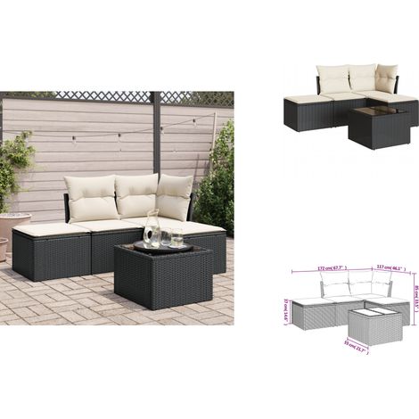 The Living Store Salon de jardin 5 pcs avec coussins noir résine tressée - Meubles extérieurs (1/3)