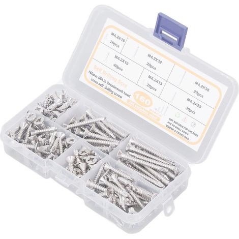 Vis à bois autoforeuses tête fraisée cruciforme M4.2, 160 pièces, acier inoxydable 304 argenté, résistantes à la rouille pour menuiserie (1/5)