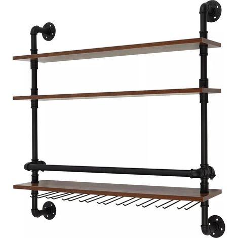 Weinregal, Industriestil Wandmontiertes Wandregal Vintage Weinflaschenhalter Hängeregal Holz Bar Regal mit Glashalter für Küche Esszimmer Bar (92x20x89cm) (1/5)
