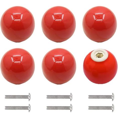 6 Pièces Boutons de Placard en Céramique Rouge, Poignées Tiroir Rondes Colorées, Boules de Porte, Poignées Meubles avec Vis - Rouge (1/5)