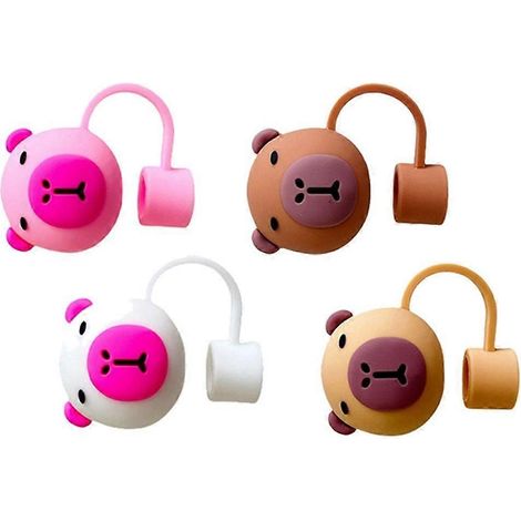 Ensemble de 4 pièces : tasse ours, chapeau de paille, couvre-paille en silicone avec motif ours et dessin animé. (1/4)