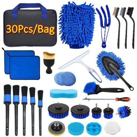 Kit Nettoyage Voiture, 30 Pcs Kit de Brosse Nettoyage Voiture pour l'intérieur et l'extérieur, Kit de Lavage de Voiture Inclure Brosses, Éponges de Polissage, Sac de Transport Pratique Inclus
