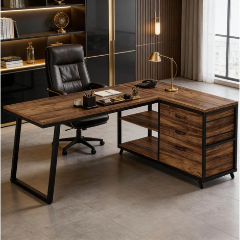 Scrivania angolare 134x50 cm nero e marrone in legno e metallo con cassetti reversibile (1/5)