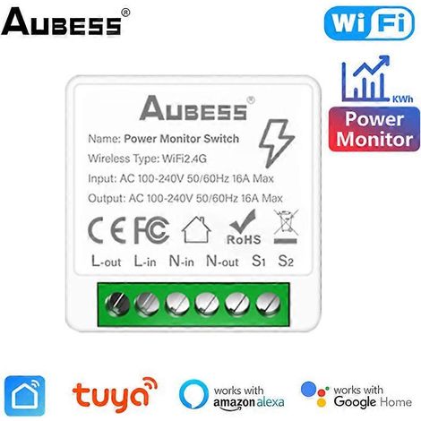 Interrupteur intelligent WiFi Tuya 16A, interrupteur à 2 voies/2 modules, mini-disjoncteur, compatible avec les systèmes de contrôle Smart Life. (1/5)