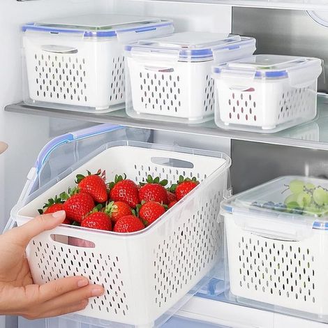 Ensemble de 3 boîtes de conservation pour fruits et légumes grande capacité (grande, moyenne et petite) avec panier-filtre amovible et boîte de rangement étanche transparente. (1/5)
