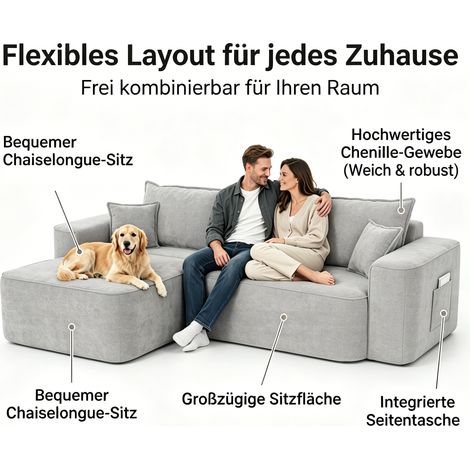 Canapé d'angle modulable « Cloud Couch » 262 cm en chenille grise, méridienne et assise XXL profonde, sans montage (1/5)