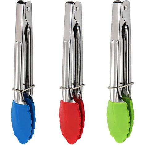 Juego de 3 pinzas de cocina pequeñas, de acero inoxidable con puntas de silicona, resistentes al calor.
