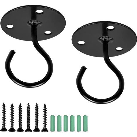 Lot de 2 crochets de plafond pour suspension de plantes, paniers et carillons éoliens, accessoires de fixation avec vis, crochet mural décoratif en fer pour chambre, salon ou balcon (noir) (1/5)