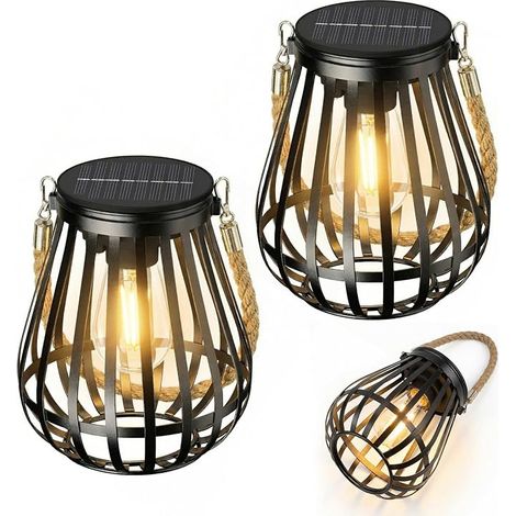 Juego de 2 faroles solares para exteriores: Farol solar colgante, luz blanca cálida, detección automática, luces solares colgantes para jardín, patio y decoración de camping. (1/5)