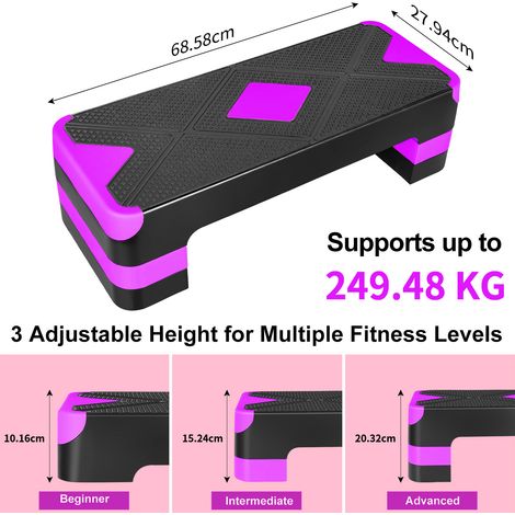 Step aerobica regolabile a 3 altezze, pedana fitness 68,58 x 27,94 cm, viola DESVIAE