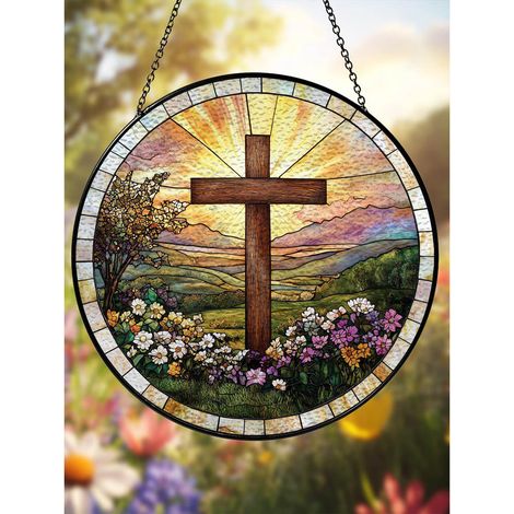 Attrape-soleil en vitrail croix et fleurs, suspension fenêtre chrétienne 9cm (1/5)