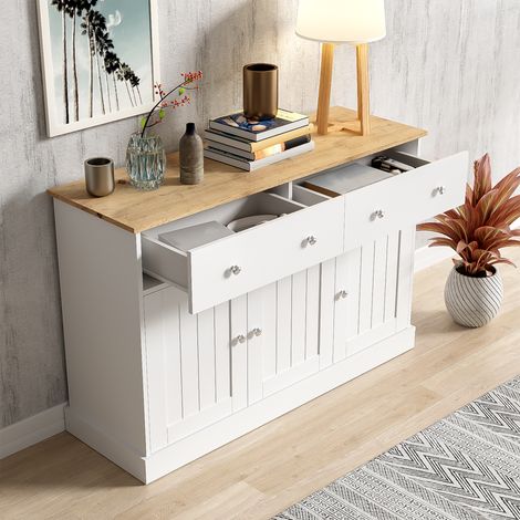 Aparador estructura en relieve tablero de partículas tres puertas dos cajones 120x36x80.5 cm blanco y color natural (1/5)