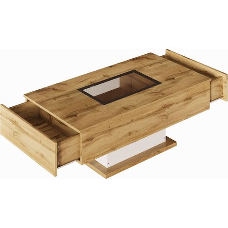 ELVMI Couchtisch mit 2 Schubladen, offenem Fach und LED, Glasplatte, für Wohnzimmer, aus Spanplatte (1/5)