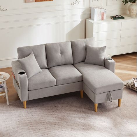 Sofa 175/129/90 cm in Hellgrau mit Chaiselongue, Stauraum und 2 Kissen (1/5)