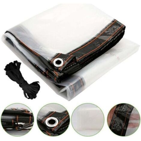 Bâche transparente à œillets - 1 x 2 m - Bâche en polyéthylène imperméable - Résistante aux intempéries - Pour terrasses, balcons, tonnelles, mobilier de jardin - Avec corde