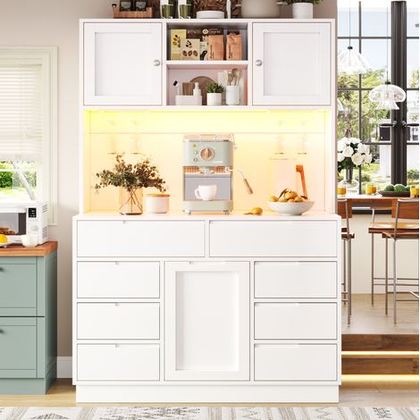 Buffet haut de cuisine en MDF blanc avec LED, 120 x 40 x 183,5 cm, 8 tiroirs, étagères réglables, fermeture magnétique (1/5)