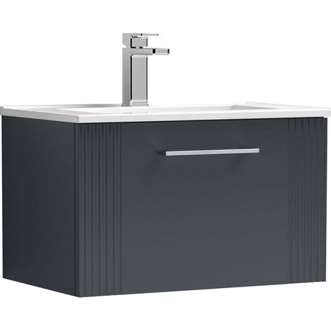 Nuie Deco Satin Soft Black 600mm Wall Hung Single Drawer Vanity Unit and Minimalist Ceramic Basin - DPF1494B (1/5)