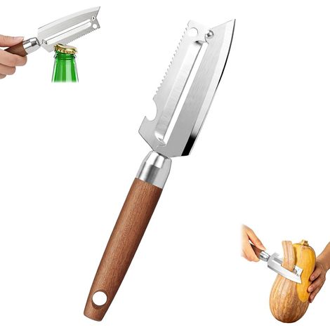 Éplucheur Légumes, Couteau Éplucheur en Acier Inoxydable avec Manche en Bois, Décapsuleur, Écailleur à Poisson et Coupe-Oignon, pour Épluchage des Légumes Fruit (1/5)