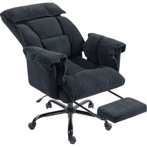 Fauteuil de bureau exécutif velours noir, accoudoirs rembourrés, repose-pieds, dossier haut, roues., mousse haute résistance (1/5)