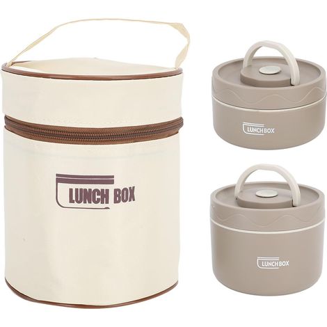4 Pièces Boîte à lunch, Acier inoxydable 304, Récipient thermique rond, Sac isotherme beige, Pour travail école pique-nique