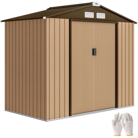 Outsunny caseta de jardín exterior 2,42 m², 213x130x185 cm, cobertizo de jardín metálico con puerta corredera, ventilación, amarillo (1/5)