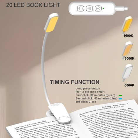 Lampe de lecture à pince rechargeable 20 LED, 3 températures de couleur, 5 niveaux de luminosité, minuterie 30/60min, éclairage anti‑lumière bleue, USB‑C, pour livre, lit, bureau (1/5)