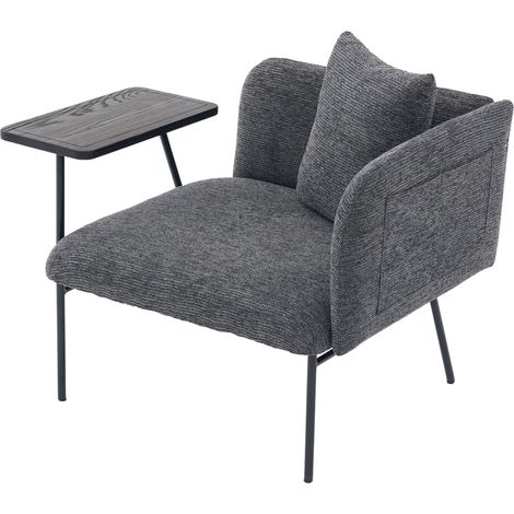 Sillón individual moderno de chenilla gris oscuro con mesa auxiliar y 2 bolsillos (1/5)