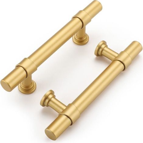 2 poignées dorées pour armoires et tiroirs. Entraxe des trous : 128 mm. Fabriquées en alliage d'aluminium et de zinc. Vis incluses. (1/5)