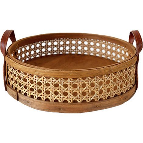 Panier De Rangement En Rotin - Plateau Ronde Pour Fruits Et Pain - Organiseur De Bureau Respirant - Brun - 24 X 24 X 6,5 Cm (1/5)