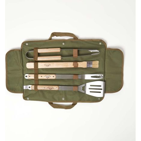 HOMESCAPES Grillbesteck-Set 4-tlg im Canvas-Etui, olivgrün