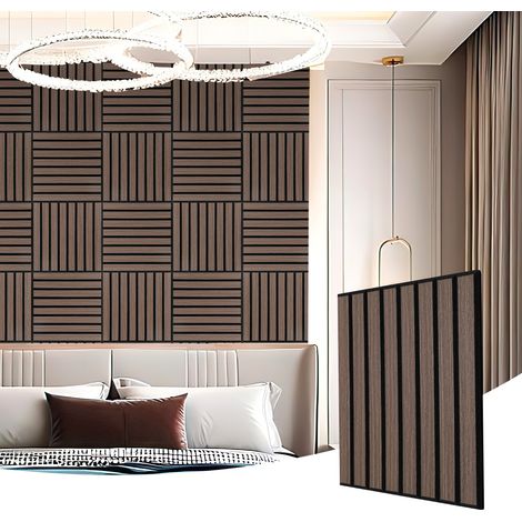 Wolketon 12 Stück Akustikpaneele 30x30cm, Innendekoration Wandpaneele, Holzpaneele Wand, selbstklebend Schallschutzplatten, schwarze Walnuss Lamellenwand auf Filz (1/5)