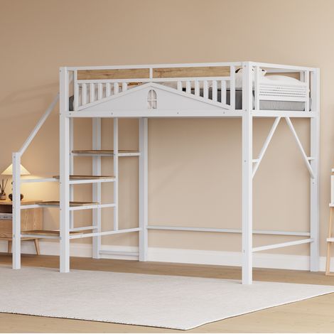 Cama alta 140x200 cm metal con escalera blanca OKMYHOME (1/5)